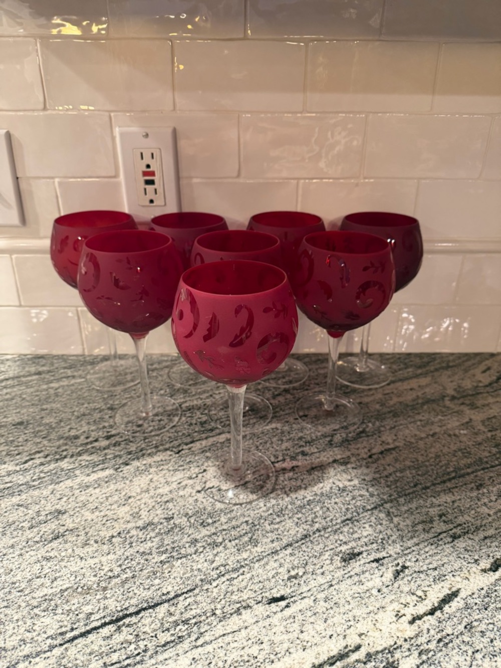 Set of 8 ColdWater Creek Ruby Red Wine/ Water Goblets Scroll and Leaf